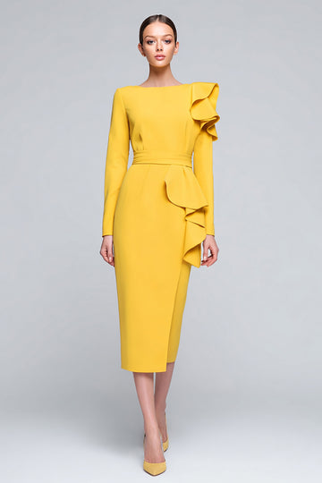 Yellow Sheath Bateau Neck Maxi Work Dress with Ruffles